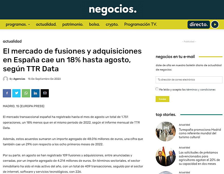 El mercado de fusiones y adquisiciones en Espaa cae un 18% hasta agosto, segn TTR Data